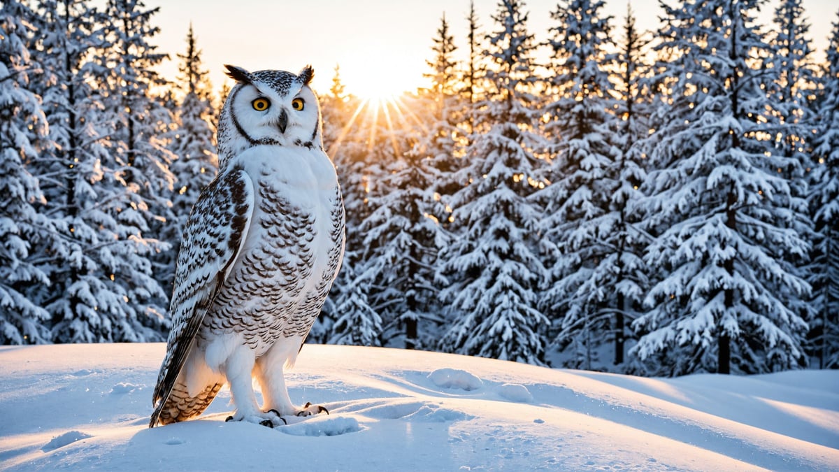 A majestic owl stands confidently on fresh snow during sunrise, with a backdrop of snow-covered pine trees glowing in golden light.